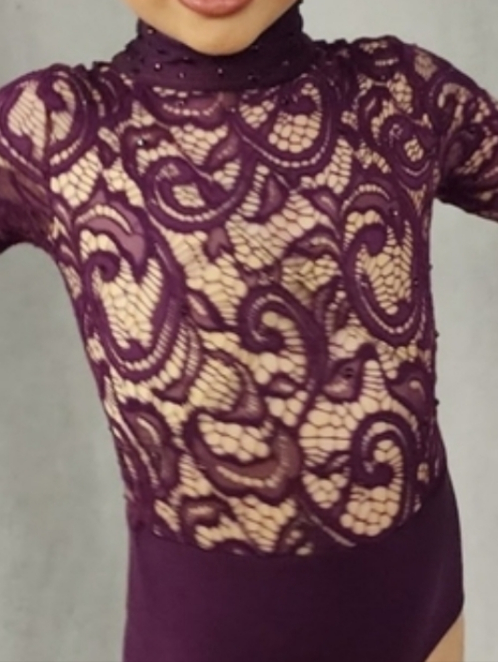 Purple Lace Long Sleeve Bodysuit For Dance COMPETITION